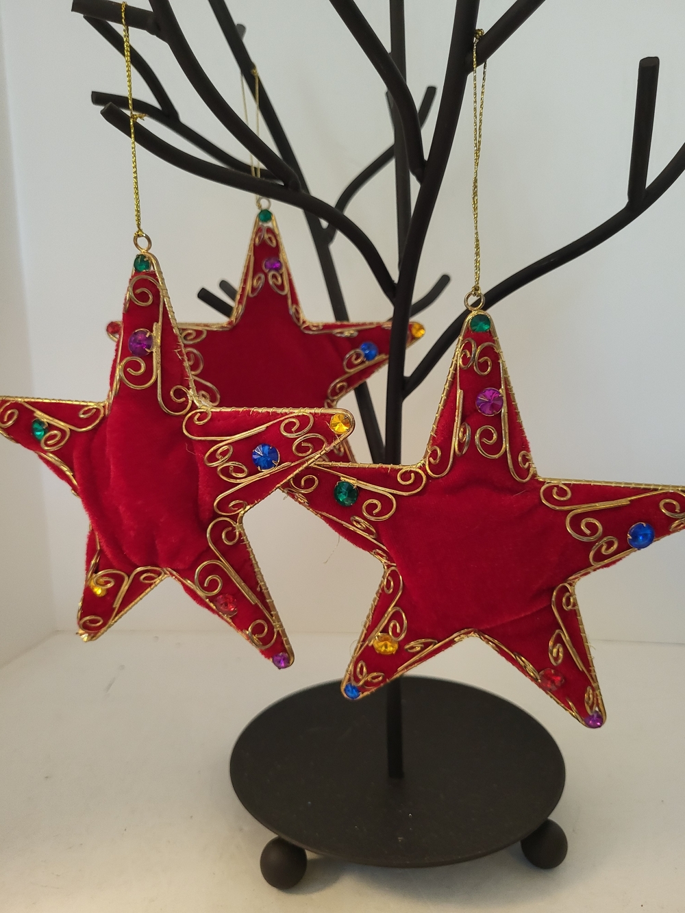 1990s Victorian Revival Red Velvet Star Ornament Set/3